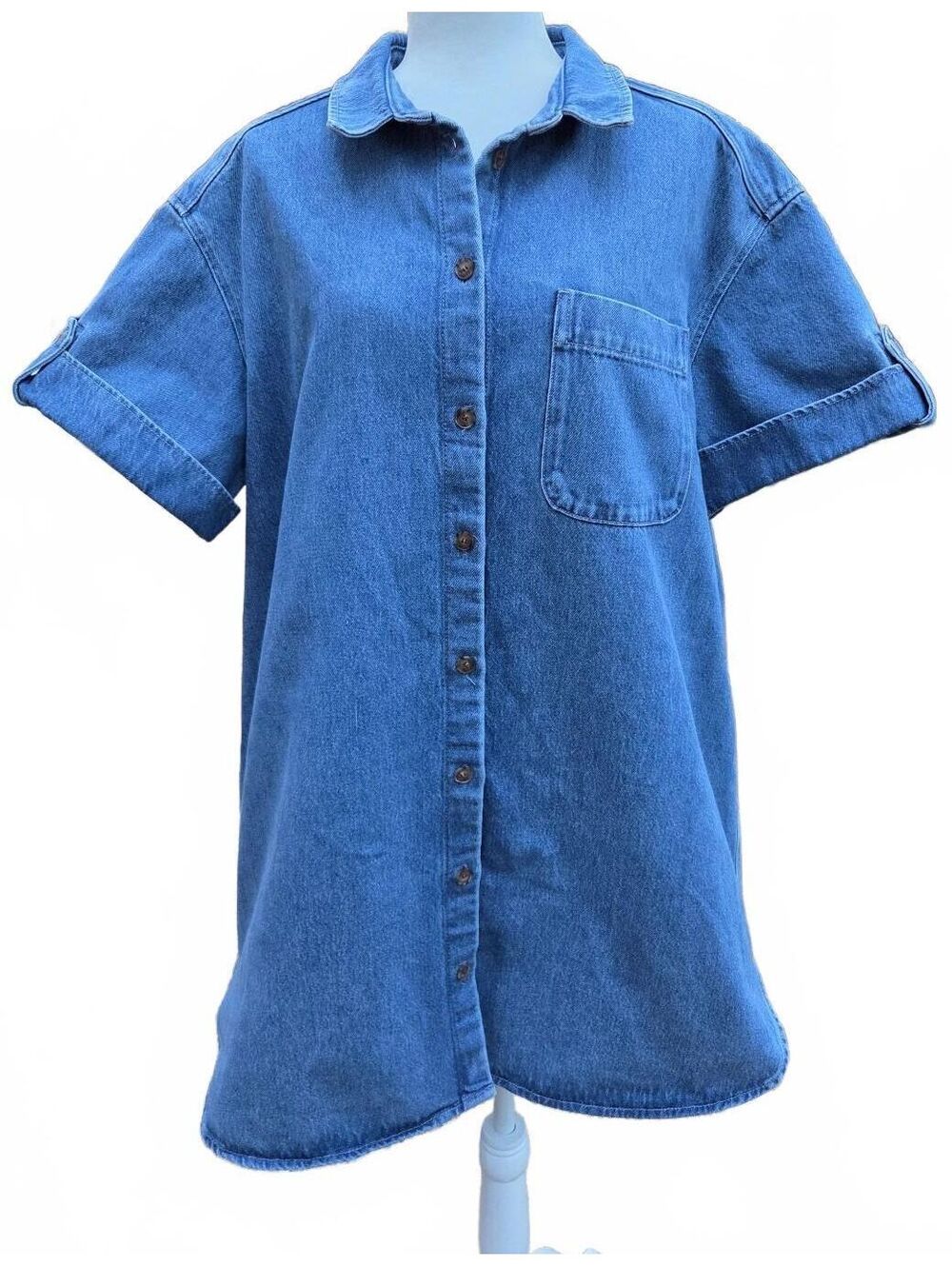 Sézane Laggenlook Organic Denim Roll Sleeve Button Up Shirt Dress Size 44